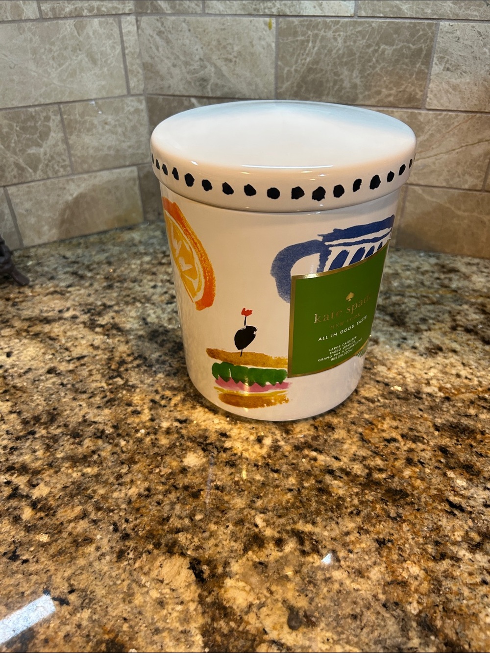 KATE SPADE FOR LENOX ALL IN GOOD TASTE 8” CERAMIC CANISTER WITH LID, NWT - Picture 2 of 8